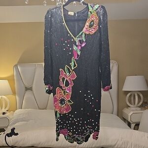 Judith Ann Vintage Silk Chic Black Sequin Dress with Floral Embellishments